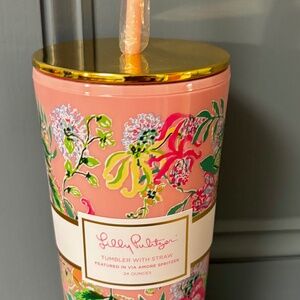Lily Pulitzer Pink Floral Via Amore Tumbler with Straw 24 Oz NWT